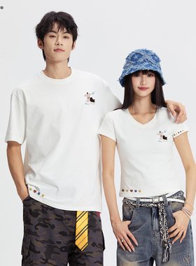 PCMY情侣装一男一女夏季2026新款正肩V领显瘦短款t恤宽松圆领短袖
