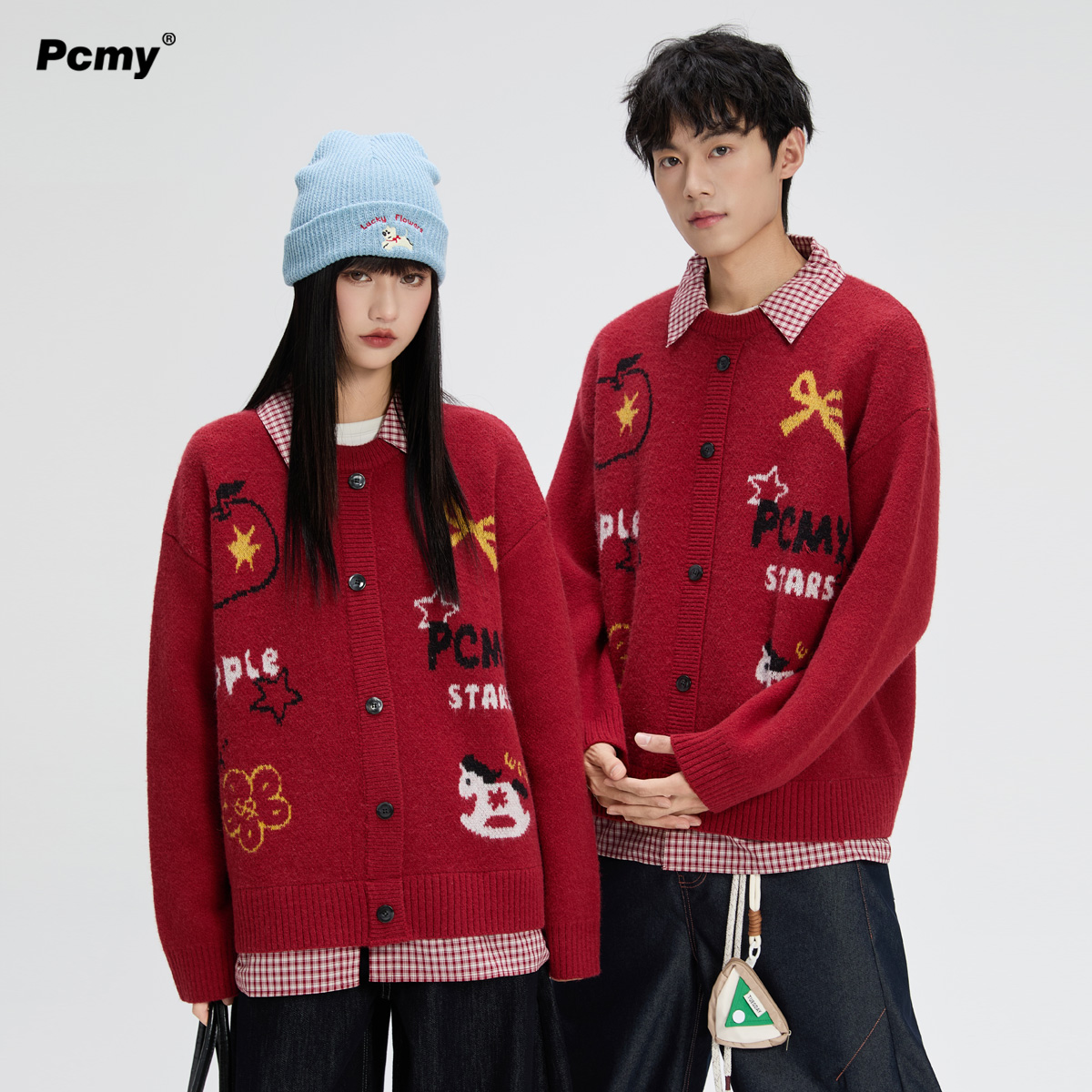 PCMY假两件红色毛衣冬季圣诞穿搭