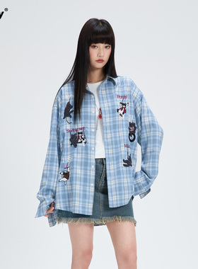 PCMY刺绣设计感2026新款独特超好看格子衬衫女宽松开衫长袖上衣夏