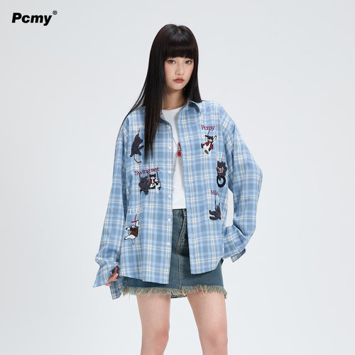 PCMY刺绣长袖设计感独特格子衬衫
