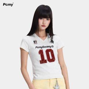 PCMY短款V领美式街头辣妹风正肩显瘦女士T恤复古做旧印花短袖夏季