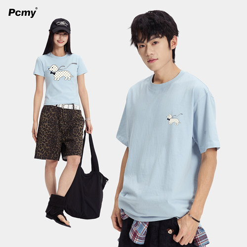 PCMY美式波点小狗印花情侣T恤夏