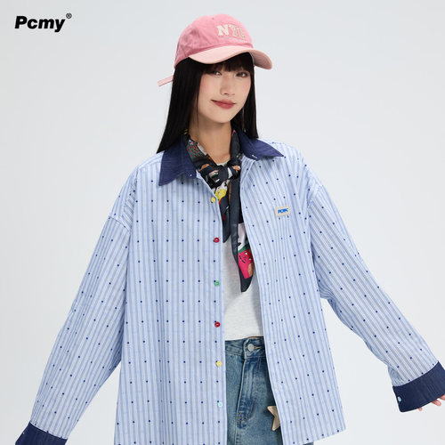 PCMY竖纹波点蓝色长袖设计感衬衫