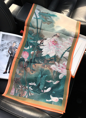 绿色牡丹花朵真丝双绉长条丝巾印花桑蚕丝空调防晒出行杭州丝绸女