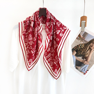 百福图中国红色丝毛围巾过年喜庆送人礼品伴手礼万福真丝羊毛方巾