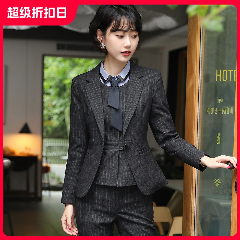 条纹职业装女装气质西服女正装行政时尚马甲裤子短裙套装 好多年