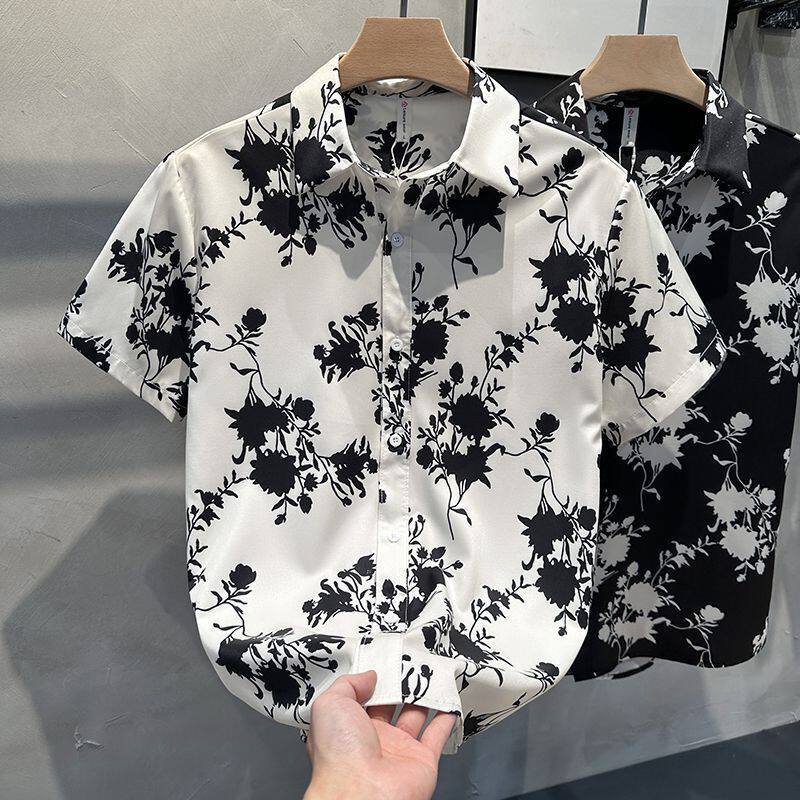 短袖花衬衣痞帅黑白花纹衣服男韩版潮流时尚花色印花半袖衬衫男装