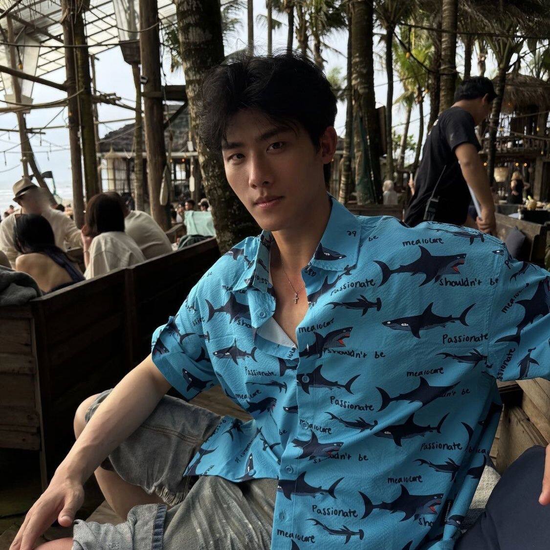 夏威夷度假风鲨鱼印花慵懒短袖衬衫男夏季休闲蓝色设计感沙滩衬衣