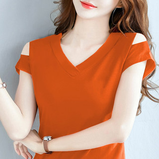 露肩大码夏装V领短袖t恤女士2025新款纯色半袖纯棉上衣服体恤衫潮