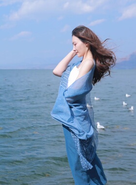 棉麻围巾女薄款亚麻色蕾丝披肩夏季出游防晒丝巾纯色百搭蓝色纱巾