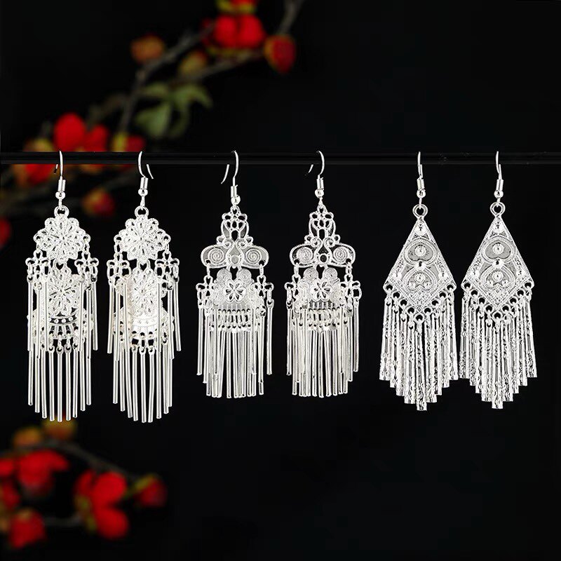 民族风苗银耳环复古异域小众设计长款流苏耳坠中国风新中式耳饰女