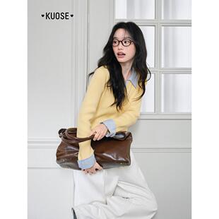 阔色身条纹假两件p色oloKSA25080领上衣灰女色2025秋季新款黄修显