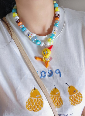 JMH小吴同学 小众原创Tweety翠儿中古玩偶童趣夸张大珠子吊坠项链