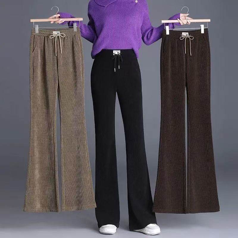 2025新款加绒加厚欧绵绒秋冬保暖松紧高腰遮肉休闲羊羔绒微喇叭裤