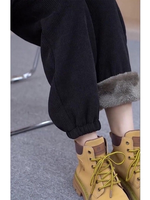 2023加绒黑色裤子秋冬季外穿灯芯绒阔腿裤宽松小个子加厚休闲裤女