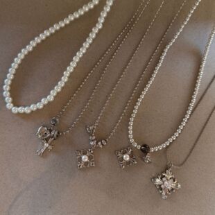 浅钛金法式珍珠项链气质百搭素链手工串珠复古简约锁骨链毛衣链女