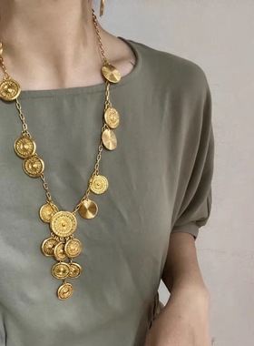 欧美圆形金币金属做旧金项链复古中古vintage法式高级感毛衣链女