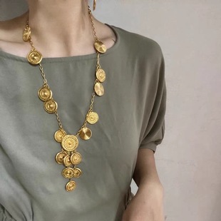 欧美圆形金币金属做旧金项链复古中古vintage法式高级感毛衣链女