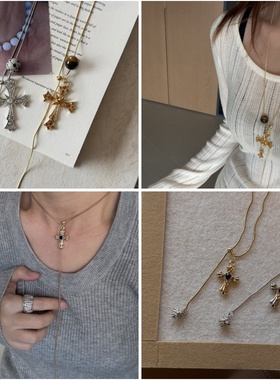 新款设计感十字架闪钻项链小众高级感百搭精致奢华精致感抽拉项链