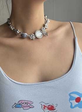 合金金属锁骨链女纽扣重工