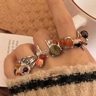 新中式原切天然石手工串珠戒指古风高级感美拉德系甜酷指环戒