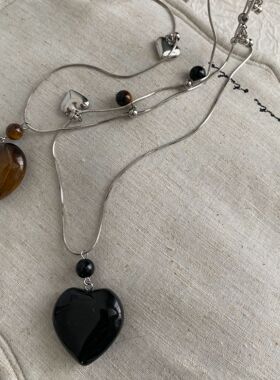 钛钢多元素项链韩国时尚百搭ins天然石爱心吊坠项链甜酷长款项链