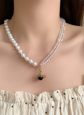 甜酷珍珠立体黑色镶钻土星球吊坠锁骨链女时尚气质高级百搭项链潮