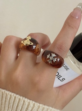 小众设计款土星玳瑁色宽版戒指女个性十字架星球冷淡风食指指环