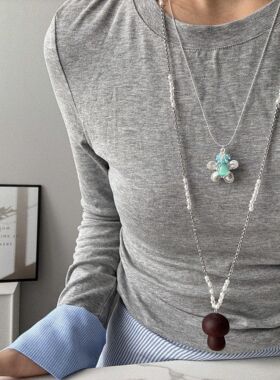 博主同款小众蘑菇吊坠珍珠项链女清新甜美蓝色花朵毛衣链项饰