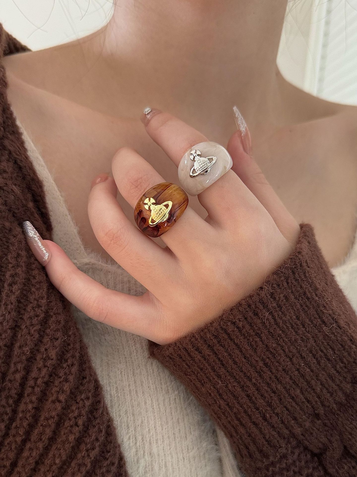 女亚克力法式复古土星戒指古色