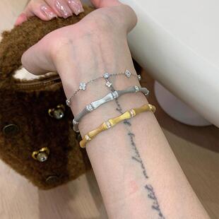 新中式节节高升竹节拉丝手镯手链国风高级感微镶锆石叠戴手饰戒指