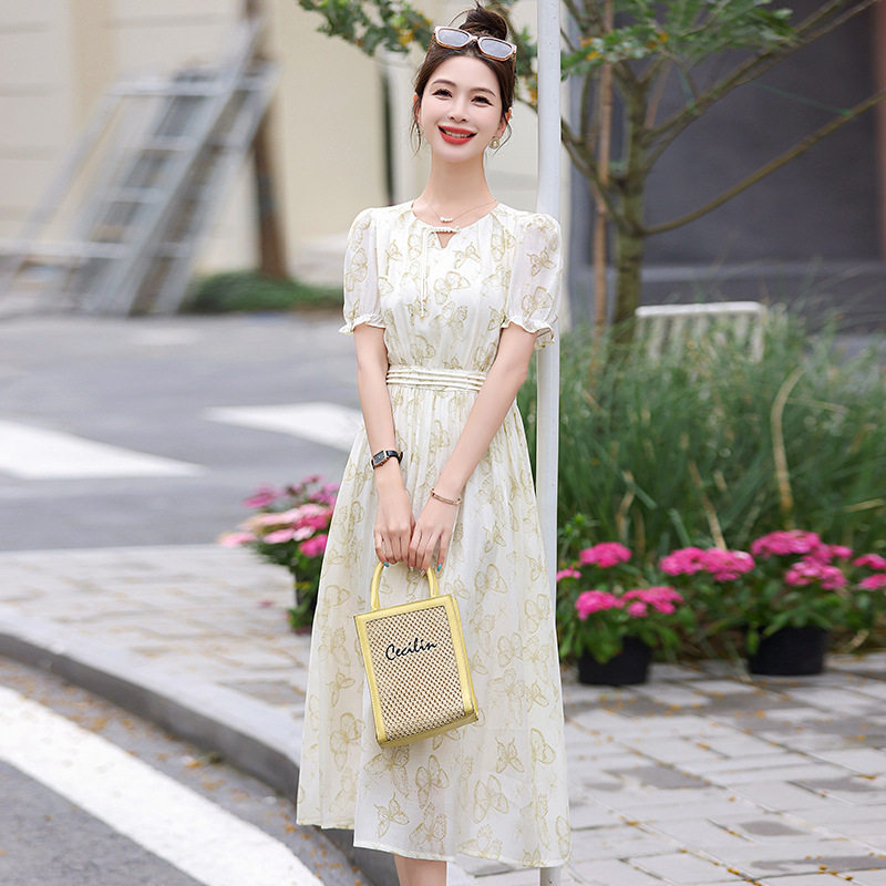 珍布同印花V领连衣裙女2025年上新气质时尚法式浪漫高腰A字中长裙