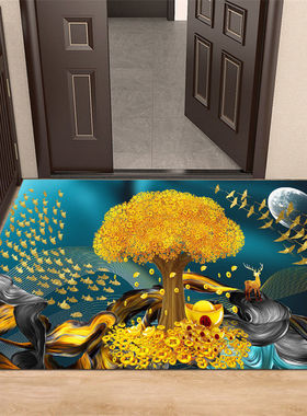 蓝色绿色底入户门垫金黄色发财树金鱼玄关地垫麋鹿进门地毯可裁剪