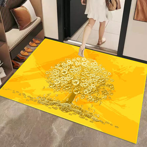 横版金黄发财树财源滚滚进门入户金色地垫黄色门口地毯金钱树脚垫