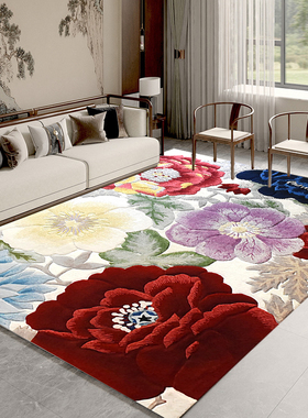 中式客厅花开富贵地毯进门迎福红色蓝色门口脚垫花朵吉祥防滑地垫