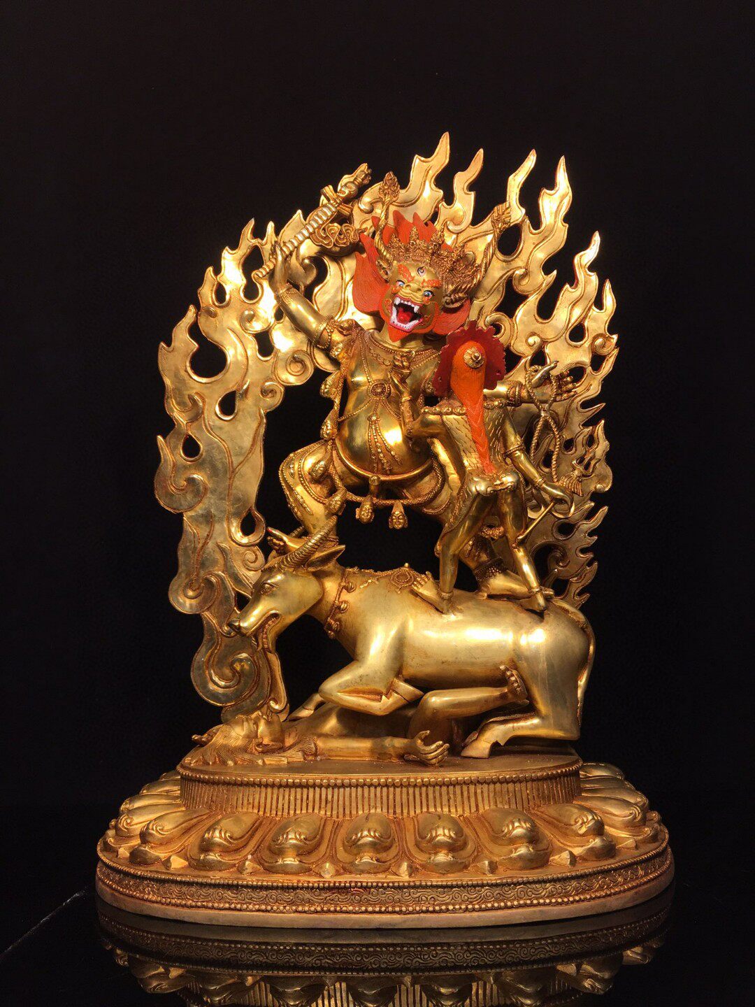 尼泊尔藏传黄铜鎏金描脸背光彩绘降阎魔尊金刚摆件居家堂用品53cm