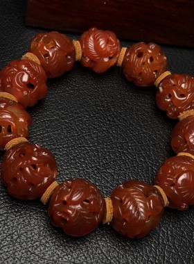 天然柿子红玛瑙镂空透雕圆珠手串松鹤延年手链串隔珠饰品19mm