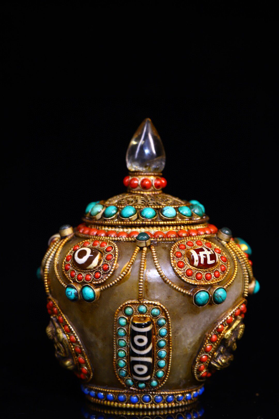 藏传老水晶掐丝工艺镶嵌红绿宝石天眼天珠舍利罐子缸手把饰品13cm