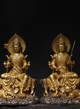 黄铜鎏金文殊普贤菩萨坐狮象持宝剑菩萨居家佛堂供奉摆件饰品46㎝