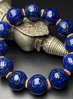 天然宝石蓝玛瑙回纹圆珠祥云珠手串链男女款民族风手饰手持隔19mm