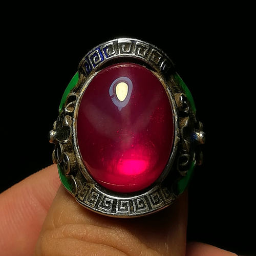 包浆老银烤蓝镶星光宝石蛋面戒指女款景泰蓝活口指环民族风手饰品