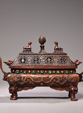 仿古黄铜八宝莲花盘塔锥熏香炉茶桌香案摆件居家堂用品茶道20cm