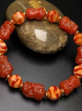 天然柿子红玛瑙雕工桶珠扎基拉姆虎牙天珠手串手链隔珠饰品11*16m