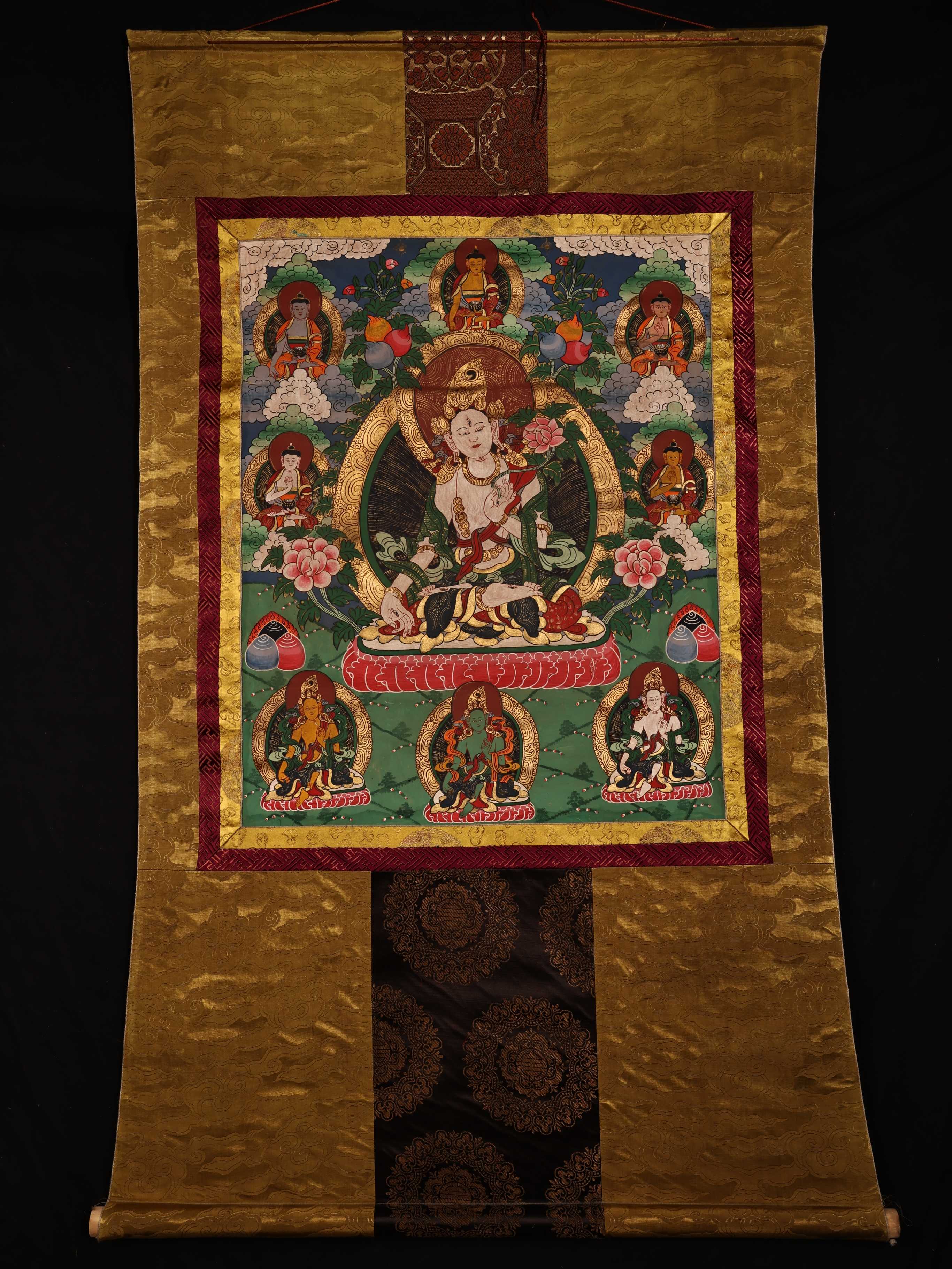 西藏手绘唐卡装裱挂画天然矿物手工彩绘白度母像居家佛堂装挂饰品