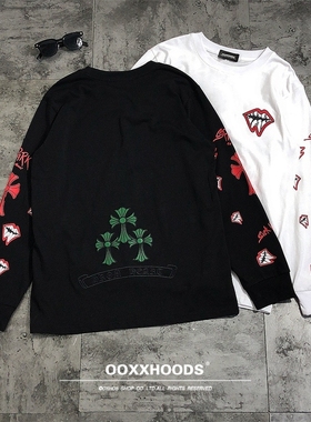 2025春秋纯棉宽松高品质唇印十字架刺绣打底衫男女宽松os长袖T恤