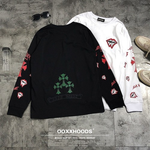 2025春秋纯棉宽松高品质唇印十字架刺绣打底衫男女宽松os长袖T恤