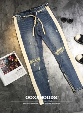 2023欧美个性街头蓝色刀割破洞水洗拼布束脚小腿牛仔长裤情侣新款