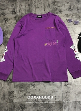 薰衣草紫纯棉长袖T恤欧美潮牌十字架卡通漫画印花打底衫女男友bf