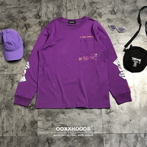 薰衣草紫纯棉长袖T恤欧美潮牌十字架卡通漫画印花打底衫女男友bf