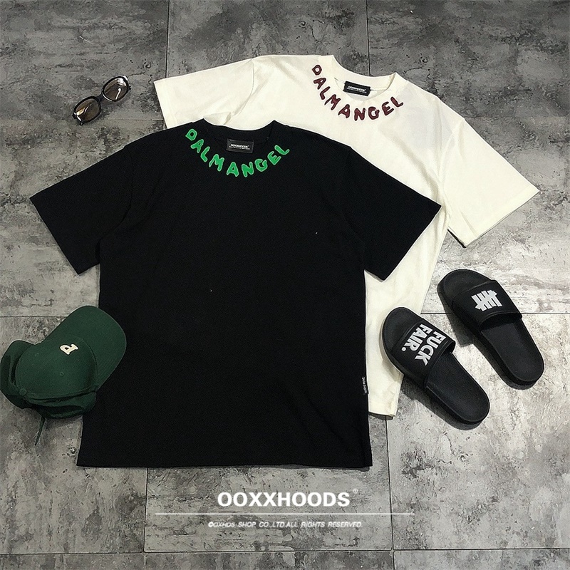 高品质围脖英文字母印花简约个性欧美ins潮牌落肩os宽松身短袖T恤